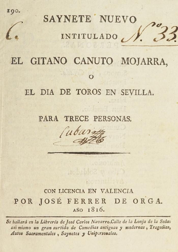 Saynete nuevo intitulado El gitano Canuto Mojarra, o, El dia de toros en Sevilla :