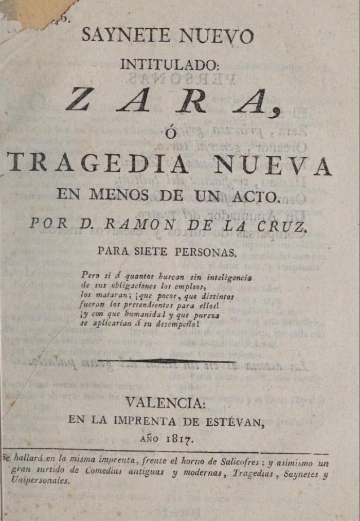 Saynete nuevo intitulado Zara, o, Tragedia nueva en menos de un acto /