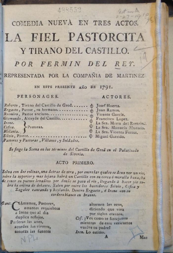 Comedia nueva en tres actos, La fiel pastorcita y tirano de castillo /